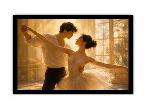 Romantic dancing couple wall art with golden light, elegant ballet canvas print, luxury love painting for bedroom and living room decor