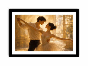 Romantic dancing couple wall art with golden light, elegant ballet canvas print, luxury love painting for bedroom and living room decor