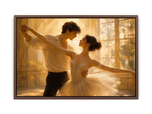 Romantic dancing couple wall art with golden light, elegant ballet canvas print, luxury love painting for bedroom and living room decor