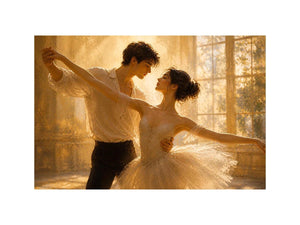 Romantic dancing couple wall art with golden light, elegant ballet canvas print, luxury love painting for bedroom and living room decor