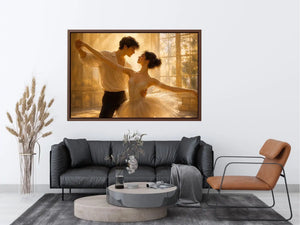 Romantic dancing couple wall art with golden light, elegant ballet canvas print, luxury love painting for bedroom and living room decor