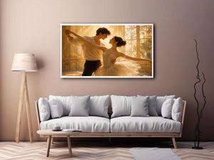 Romantic dancing couple wall art with golden light, elegant ballet canvas print, luxury love painting for bedroom and living room decor