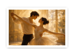Romantic dancing couple wall art with golden light, elegant ballet canvas print, luxury love painting for bedroom and living room decor