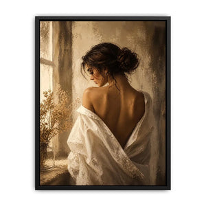 Elegant woman portrait wall art with golden light, feminine luxury canvas print, neutral impressionist painting for bedroom decor