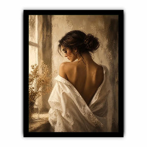 Elegant woman portrait wall art with golden light, feminine luxury canvas print, neutral impressionist painting for bedroom decor