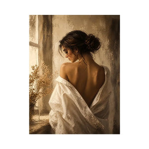 Elegant woman portrait wall art with golden light, feminine luxury canvas print, neutral impressionist painting for bedroom decor