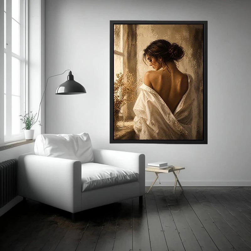 Elegant woman portrait wall art with golden light, feminine luxury canvas print, neutral impressionist painting for bedroom decor