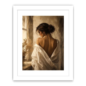 Elegant woman portrait wall art with golden light, feminine luxury canvas print, neutral impressionist painting for bedroom decor