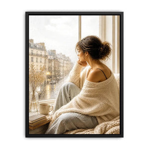 Woman by rainy Paris window wall art, cozy neutral canvas print, elegant feminine painting for bedroom and living room decor