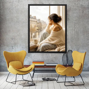 Woman by rainy Paris window wall art, cozy neutral canvas print, elegant feminine painting for bedroom and living room decor