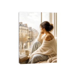 Woman by rainy Paris window wall art, cozy neutral canvas print, elegant feminine painting for bedroom and living room decor