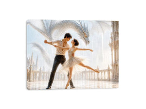 Fantasy dragon ballet wall art with dancing couple, elegant dragon canvas print, romantic fantasy painting for luxury home decor