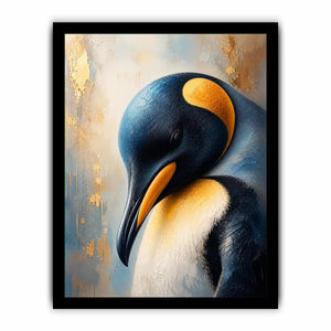 Elegant emperor penguin portrait wall art with textured navy blue feathers, soft ivory tones, and luxurious gold accents in a modern contemporary wildlife canvas painting.
