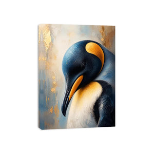 Elegant emperor penguin portrait wall art with textured navy blue feathers, soft ivory tones, and luxurious gold accents in a modern contemporary wildlife canvas painting.