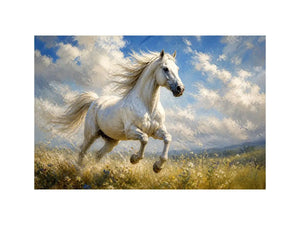 Elegant white horse running through a wildflower meadow under dramatic blue skies in an impressionist countryside landscape painting with soft textured brushwork and serene natural tones.