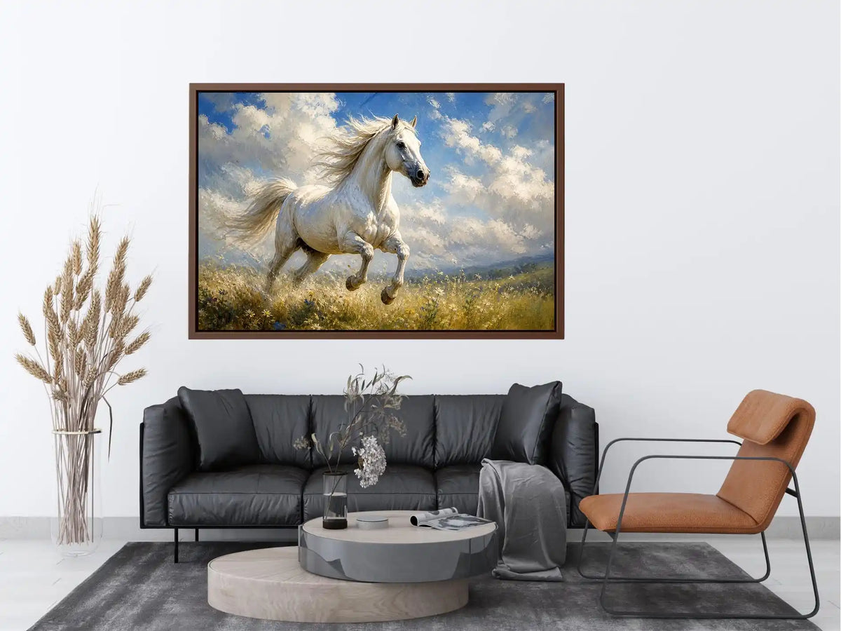 Elegant white horse running through a wildflower meadow under dramatic blue skies in an impressionist countryside landscape painting with soft textured brushwork and serene natural tones.