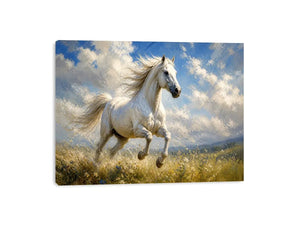 Elegant white horse running through a wildflower meadow under dramatic blue skies in an impressionist countryside landscape painting with soft textured brushwork and serene natural tones.