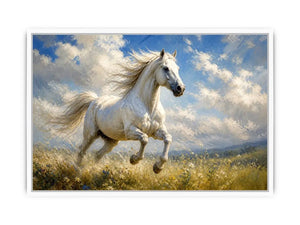 Elegant white horse running through a wildflower meadow under dramatic blue skies in an impressionist countryside landscape painting with soft textured brushwork and serene natural tones.