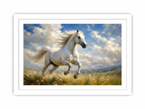 Elegant white horse running through a wildflower meadow under dramatic blue skies in an impressionist countryside landscape painting with soft textured brushwork and serene natural tones.