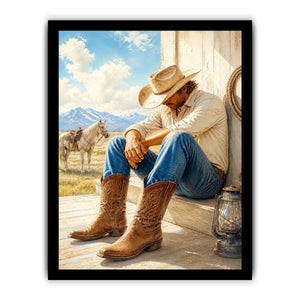 Rustic cowboy wall art featuring a thoughtful rancher in leather boots beside a white horse with mountain scenery and warm countryside textures in a timeless western painting.