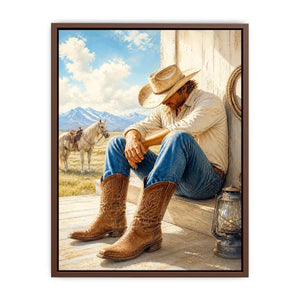 Rustic cowboy wall art featuring a thoughtful rancher in leather boots beside a white horse with mountain scenery and warm countryside textures in a timeless western painting.