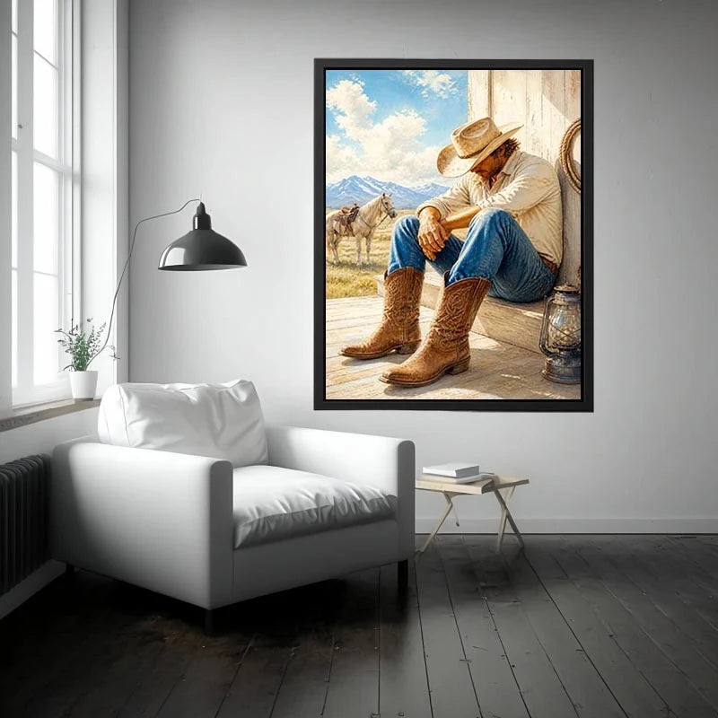 Rustic cowboy wall art featuring a thoughtful rancher in leather boots beside a white horse with mountain scenery and warm countryside textures in a timeless western painting.