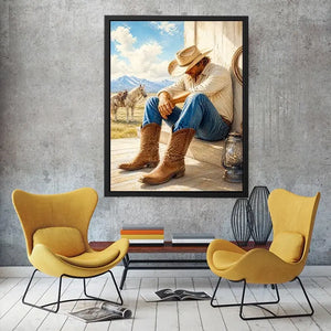 Rustic cowboy wall art featuring a thoughtful rancher in leather boots beside a white horse with mountain scenery and warm countryside textures in a timeless western painting.