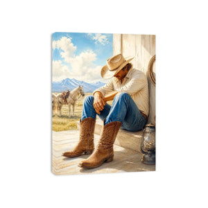 Rustic cowboy wall art featuring a thoughtful rancher in leather boots beside a white horse with mountain scenery and warm countryside textures in a timeless western painting.