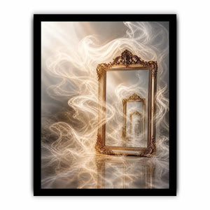 Surreal golden mirror wall art with endless reflections, flowing white smoke, and ornate vintage frames in a dreamy luxury abstract interior scene.