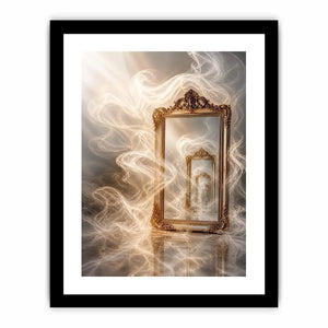 Surreal golden mirror wall art with endless reflections, flowing white smoke, and ornate vintage frames in a dreamy luxury abstract interior scene.