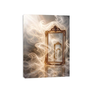 Surreal golden mirror wall art with endless reflections, flowing white smoke, and ornate vintage frames in a dreamy luxury abstract interior scene.