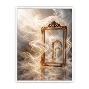 Surreal golden mirror wall art with endless reflections, flowing white smoke, and ornate vintage frames in a dreamy luxury abstract interior scene.