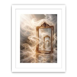 Surreal golden mirror wall art with endless reflections, flowing white smoke, and ornate vintage frames in a dreamy luxury abstract interior scene.