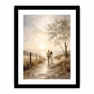Romantic coastal wall art featuring a couple walking along a sunlit beach path with golden skies, ocean views, and soft wildflower scenery in a dreamy landscape painting.