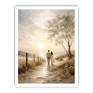 Romantic coastal wall art featuring a couple walking along a sunlit beach path with golden skies, ocean views, and soft wildflower scenery in a dreamy landscape painting.