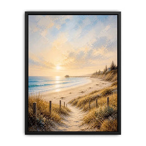 Coastal beach sunset wall art featuring golden sand dunes, peaceful ocean waves, pastel skies, and a serene shoreline path with soft textured brushwork.