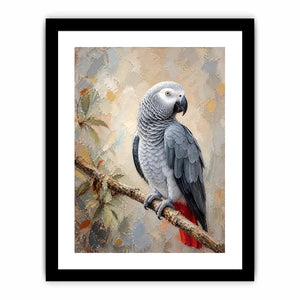 Elegant African Grey parrot wall art featuring detailed silver feathers, textured painterly brushstrokes, and warm botanical accents in a luxury contemporary style.
