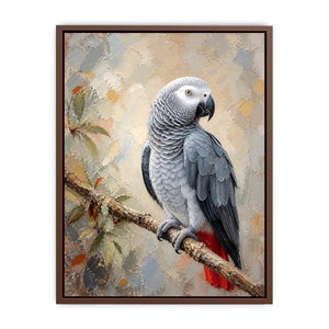 Elegant African Grey parrot wall art featuring detailed silver feathers, textured painterly brushstrokes, and warm botanical accents in a luxury contemporary style.