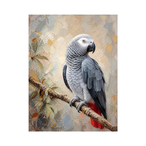 Elegant African Grey parrot wall art featuring detailed silver feathers, textured painterly brushstrokes, and warm botanical accents in a luxury contemporary style.