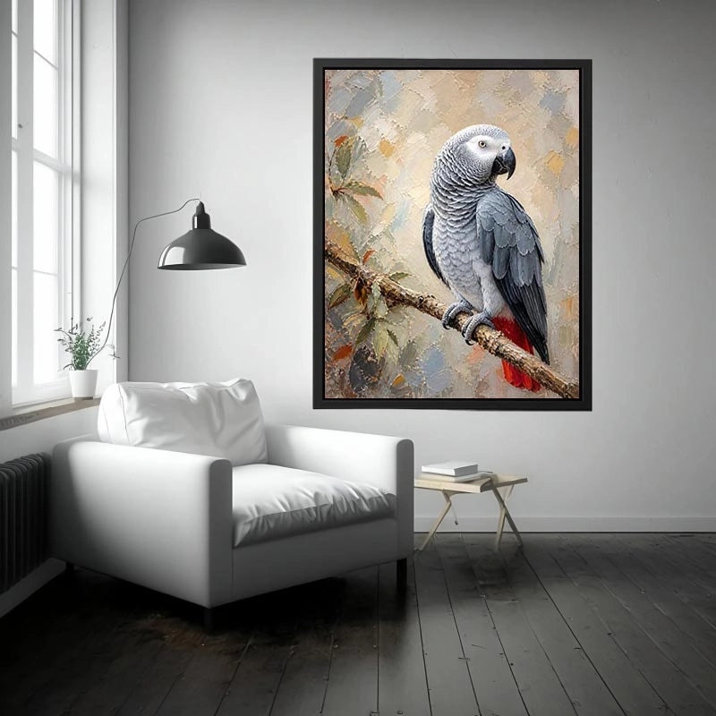 Elegant African Grey parrot wall art featuring detailed silver feathers, textured painterly brushstrokes, and warm botanical accents in a luxury contemporary style.