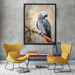 Elegant African Grey parrot wall art featuring detailed silver feathers, textured painterly brushstrokes, and warm botanical accents in a luxury contemporary style.