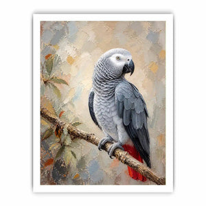 Elegant African Grey parrot wall art featuring detailed silver feathers, textured painterly brushstrokes, and warm botanical accents in a luxury contemporary style.