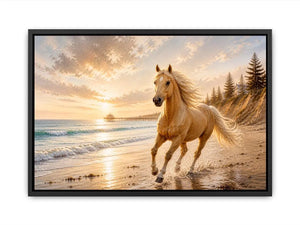 Majestic horse beach wall art featuring a golden horse running beside ocean waves at sunset with warm coastal tones and luxurious textured detail.