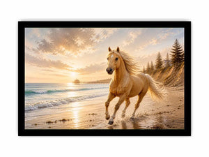 Majestic horse beach wall art featuring a golden horse running beside ocean waves at sunset with warm coastal tones and luxurious textured detail.