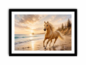 Majestic horse beach wall art featuring a golden horse running beside ocean waves at sunset with warm coastal tones and luxurious textured detail.