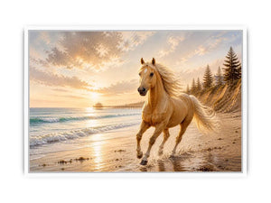 Majestic horse beach wall art featuring a golden horse running beside ocean waves at sunset with warm coastal tones and luxurious textured detail.