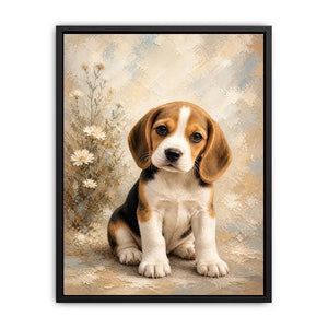 Adorable Beagle puppy wall art featuring soft textured brushstrokes, floral accents, and warm neutral tones in a cozy contemporary style.