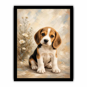 Adorable Beagle puppy wall art featuring soft textured brushstrokes, floral accents, and warm neutral tones in a cozy contemporary style.