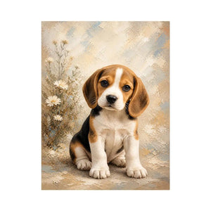 Adorable Beagle puppy wall art featuring soft textured brushstrokes, floral accents, and warm neutral tones in a cozy contemporary style.