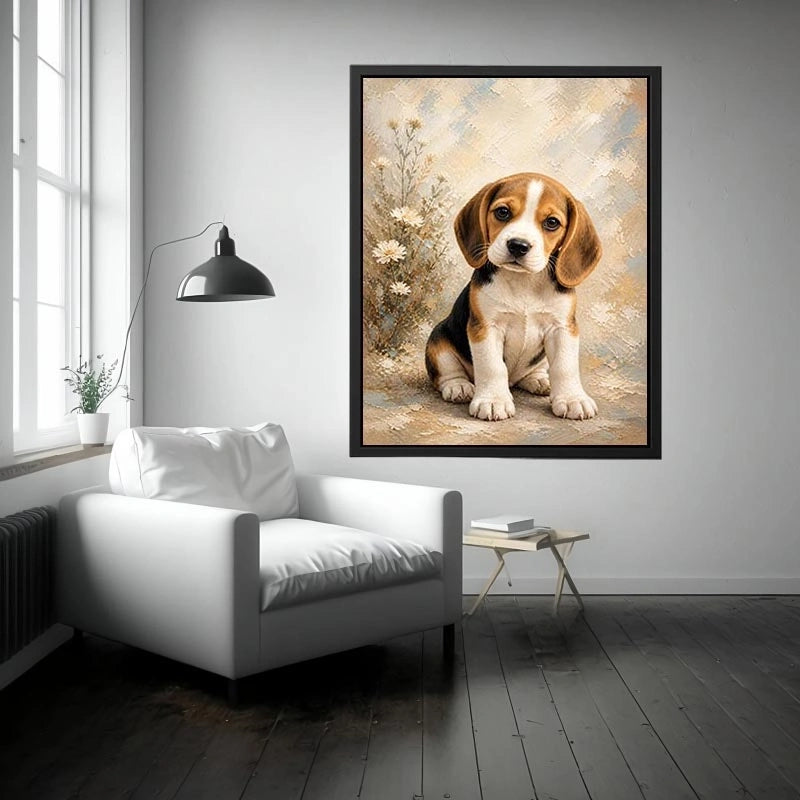Adorable Beagle puppy wall art featuring soft textured brushstrokes, floral accents, and warm neutral tones in a cozy contemporary style.